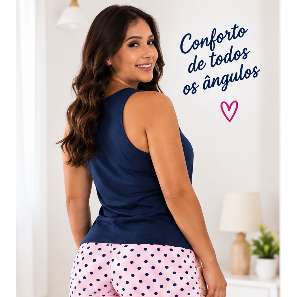 Kit Baby Doll Feminino Poá Malha Pijama Verão Regata e Short Conforto Roupa de Dormir — imagem 2 de 2