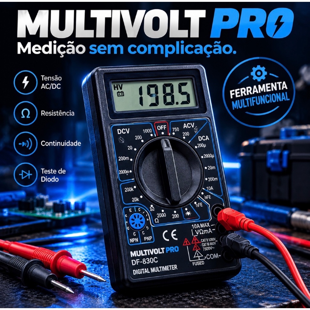 Multímetro Digital MultiVolt Pro DF-830C Portátil LCD Teste de Tensão Corrente Resistência