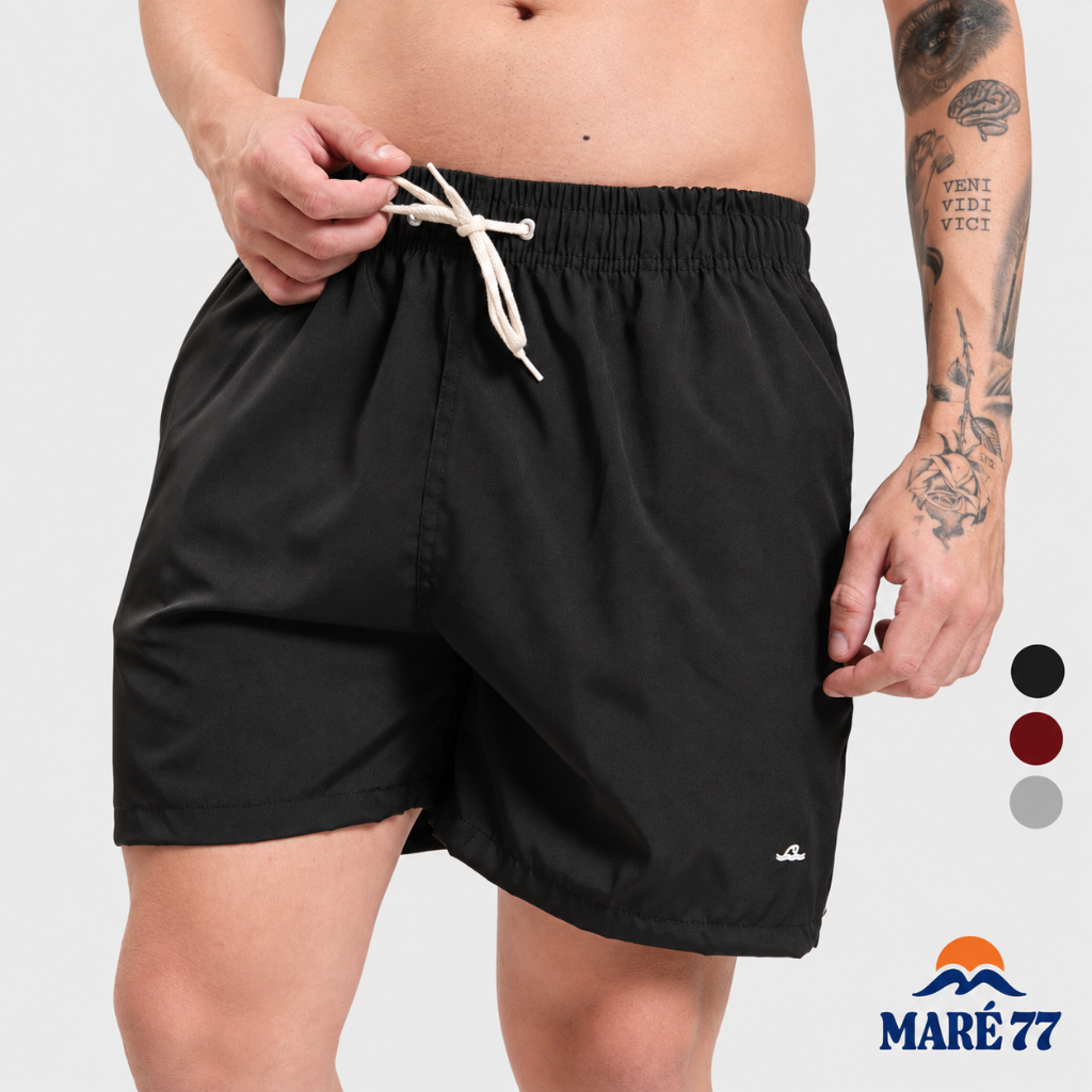 Short Masculino Tactel com Elastano Bermuda Casual Mauricinho Caminhada Bolsos Cordão Cru Bordado Cintura Elástica Praia