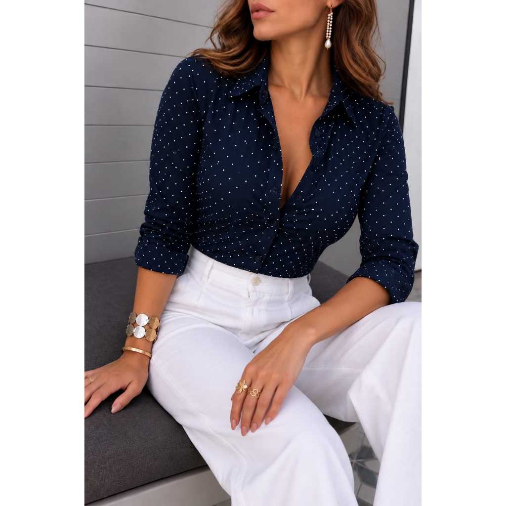 Camisa Feminina Social Poá Bolinhas Manga Longa Look Casual Elegante Trabalho