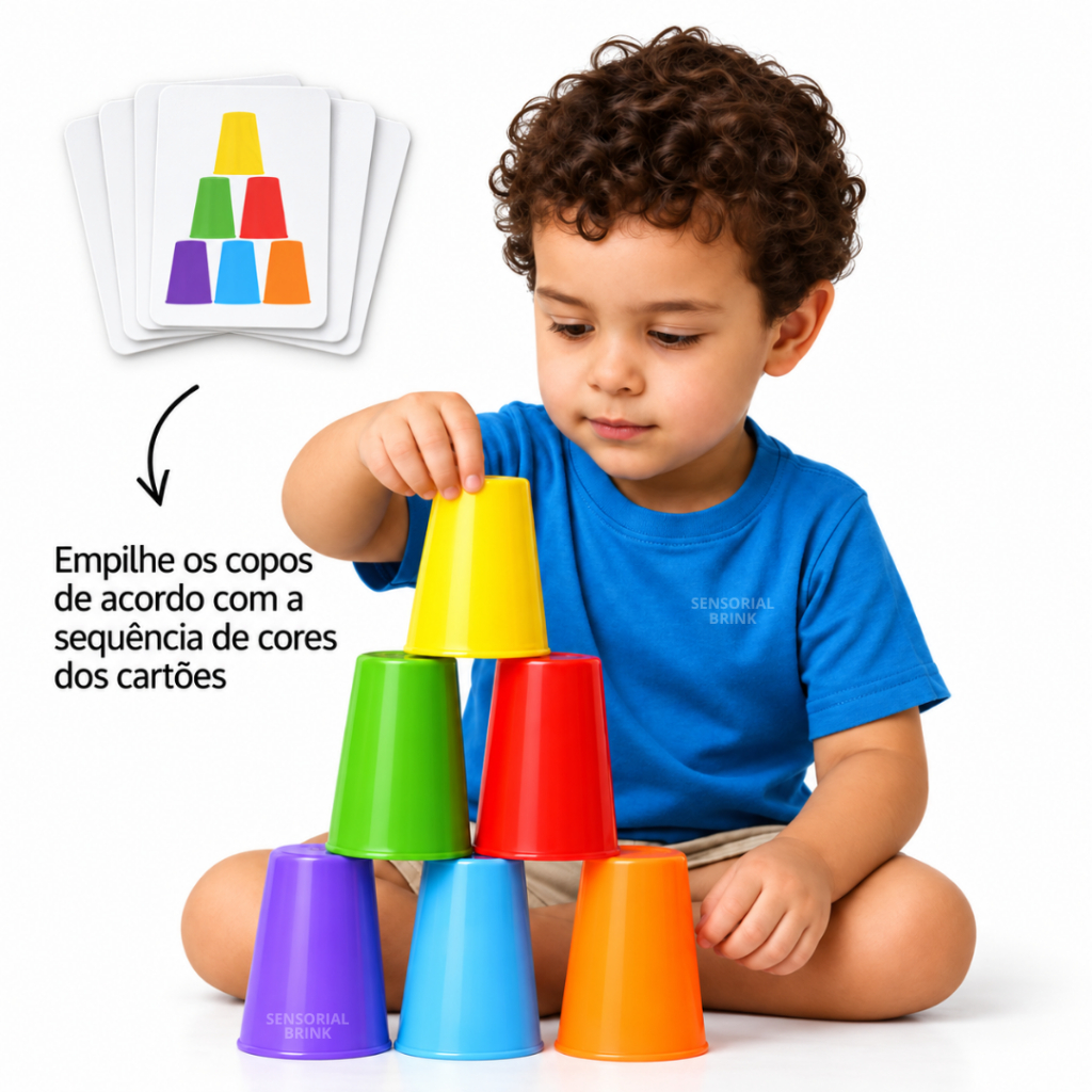 Torre de Copos das Cores  – Brinquedo Educativo Infantil de Coordenação Motora Fina e Equilíbrio - Brinquedo Montessori