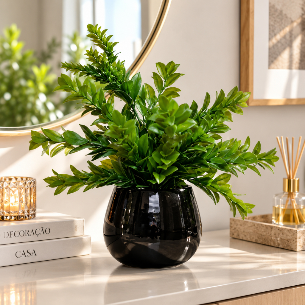 Arranjo Centro De Mesa Planta Artificial + Vaso Esmaltado 12 Cores Para Decoração