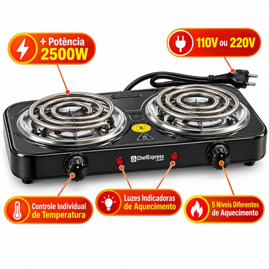 Fogão Elétrico de Mesa 2500W 2 Bocas Fogareiro Portátil Cooktop 110V 220V Prático Camping Viagem ChefExpress