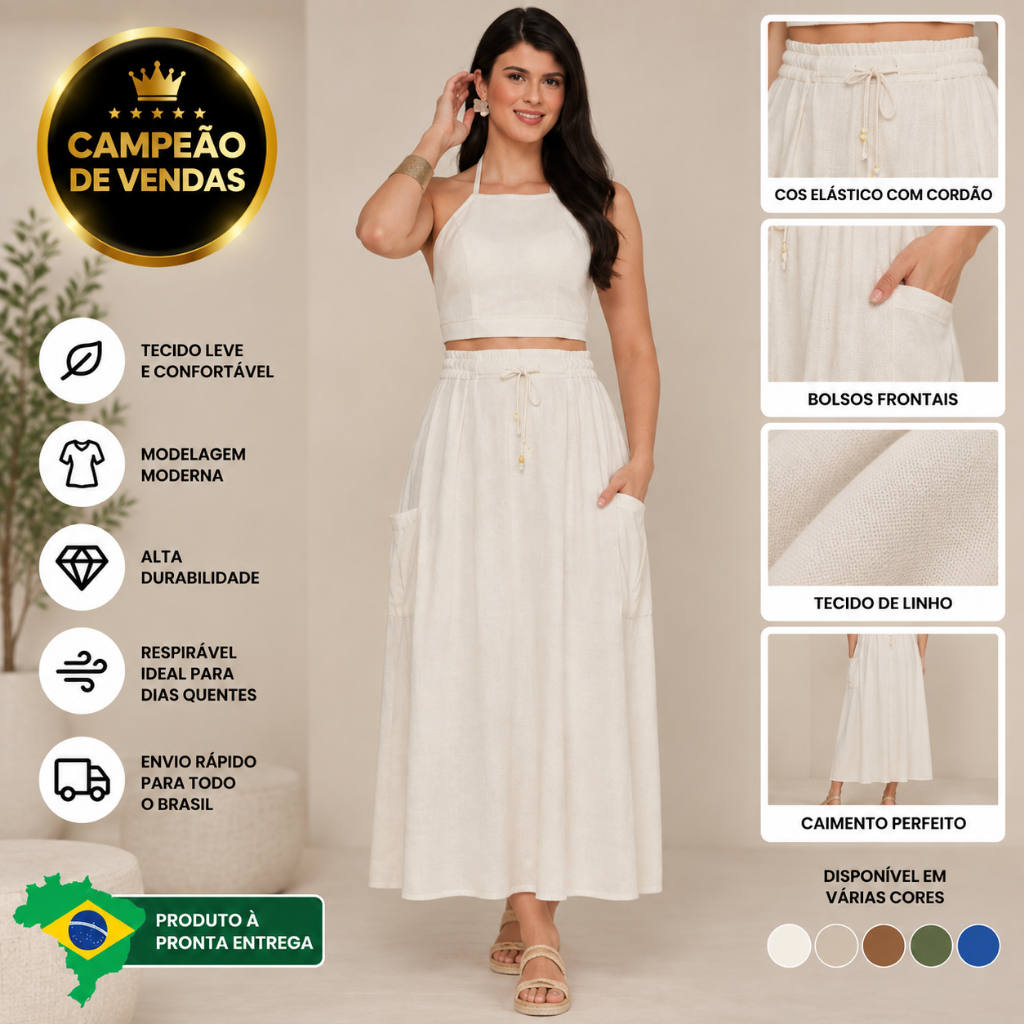 Saia Longa Feminina Linho Premium com Bolso e Cordão Moda Evangélica Casual Primavera Verão P M G
