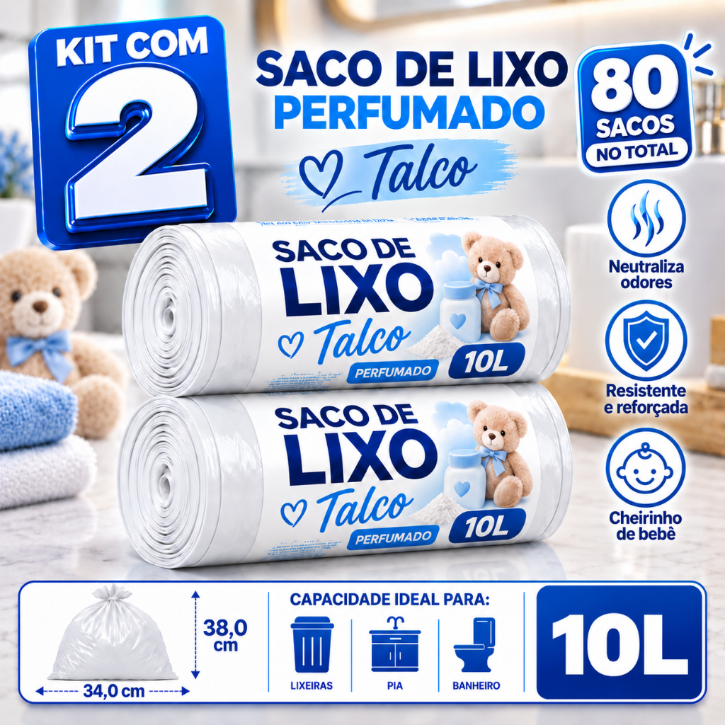 Kit 2 Sacos de Lixo 10L Perfumado Talco Cheiroso Pia Banheiro Neutraliza Odores Mau Cheiro