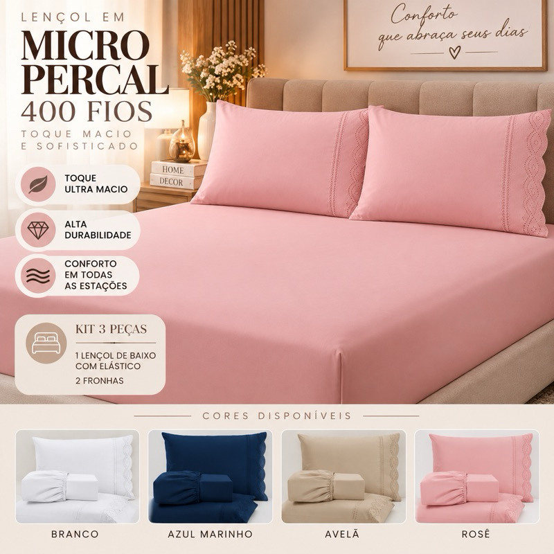 Jogo de Lençol 3 peças Bordado Inglês Micropercal 400 Fios com Elástico Solteiro Casal Queen King