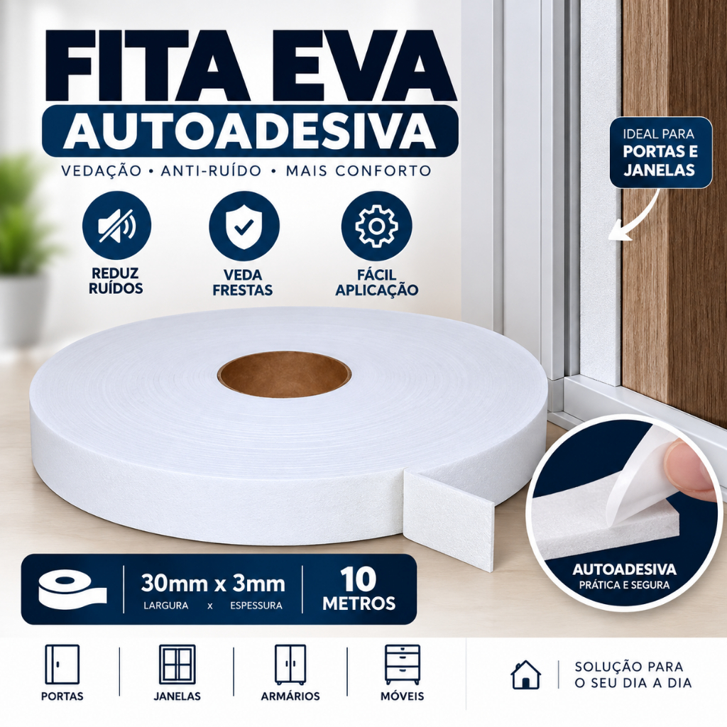 Fita EVA Branca Autocolante Para Ripado 1 Lado 30mm x 3mm x 10mts Vedação Anti Ruido Fresta Porta Janela