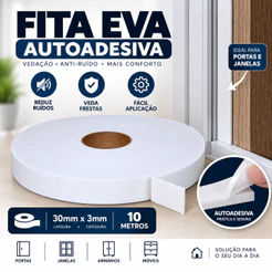 Fita EVA Branca Autocolante Para Ripado 1 Lado 30mm x 3mm x 10mts Vedação Anti Ruido Fresta Porta Janela