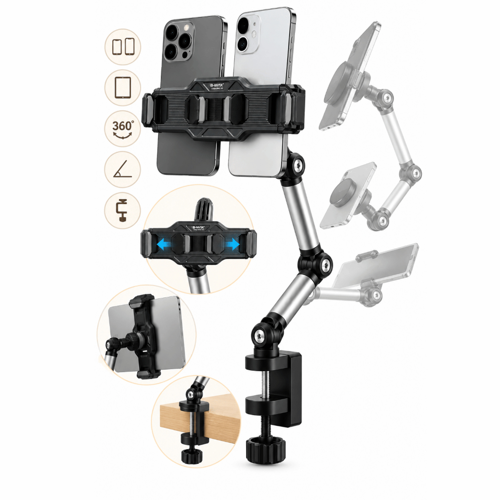 Suporte Articulado de Mesa para Celular e Tablet, Braço Flexível, Garra, Rotação 360 Graus, Compacto