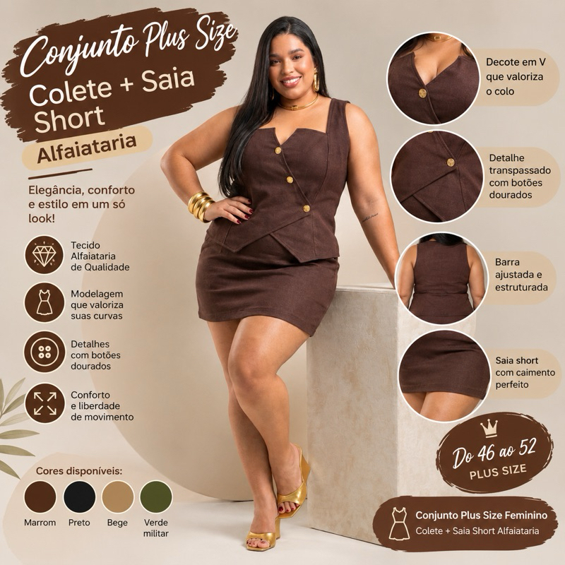 Conjunto Feminino Colete Invertido e Short Saia G2 Crepe Premium Casual Plus Size