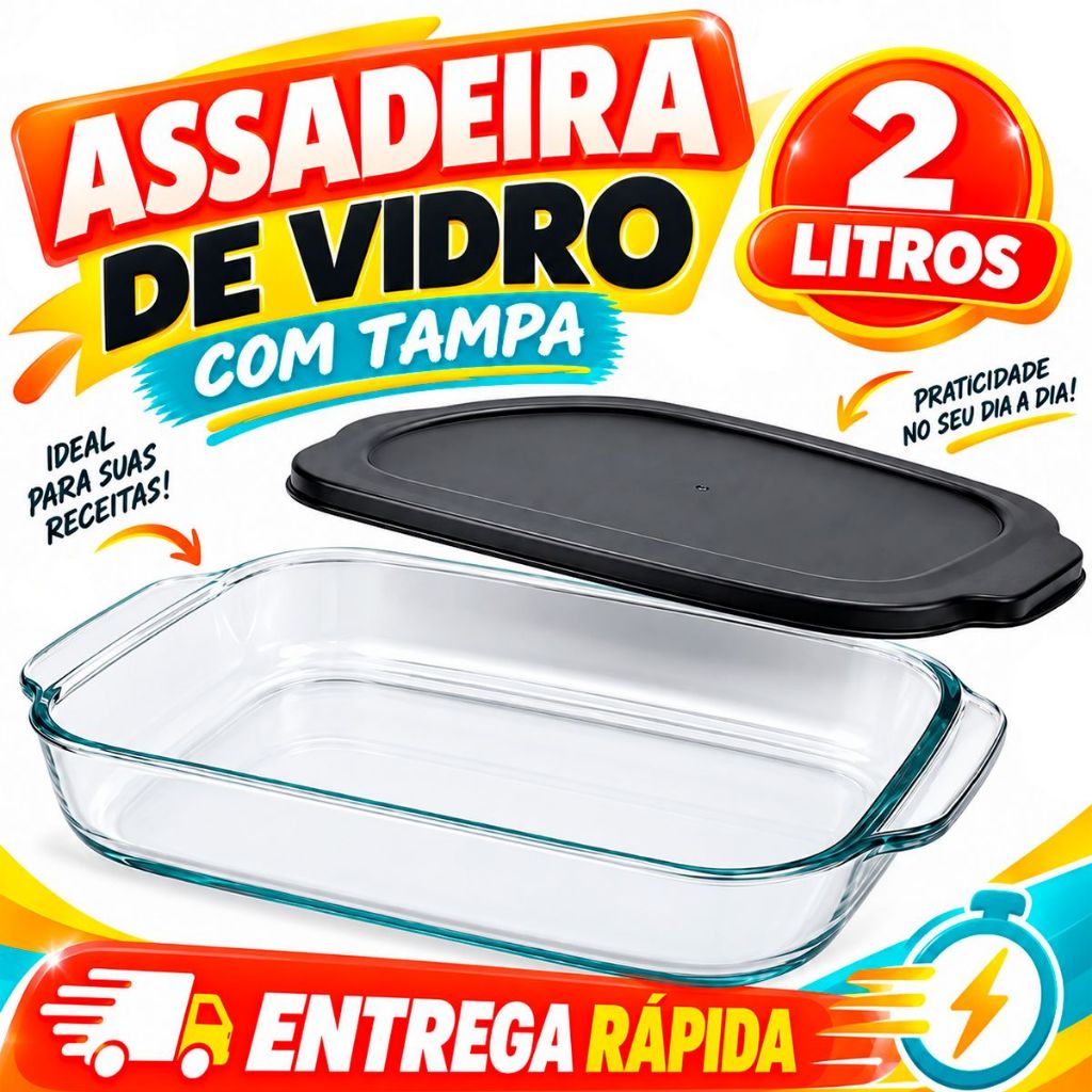 Assadeira Travessa de Vidro Borossilicato 2L com Tampa preta Retangular Resistente para Forno