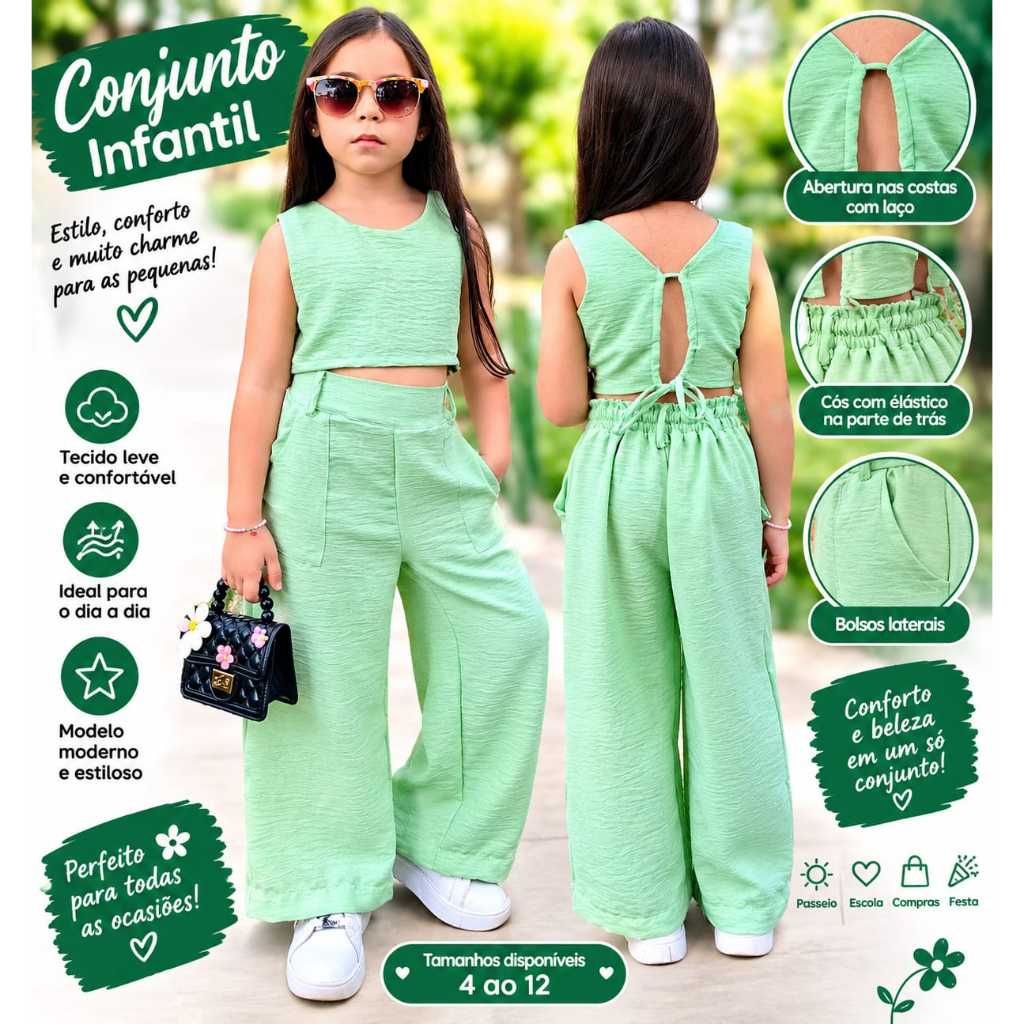 Conjunto Infantil Menina Verão Blusa Pantalona Tecido Duna Linho