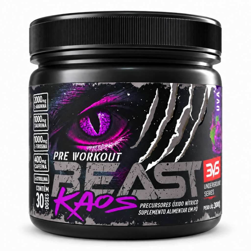 PRÉ TREINO BEAST KAOS 300g Extra Forte Citrulina, Beta Alanina, Cafeína, Arginina, Taurina Tirosina