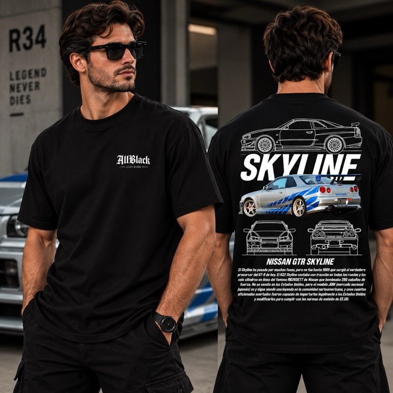 Camiseta Masculina Nissan Skyline GTR R34 JDM Estampada AllBlack Algodão Streetwear Carro Japonês Racing Tuning Casual