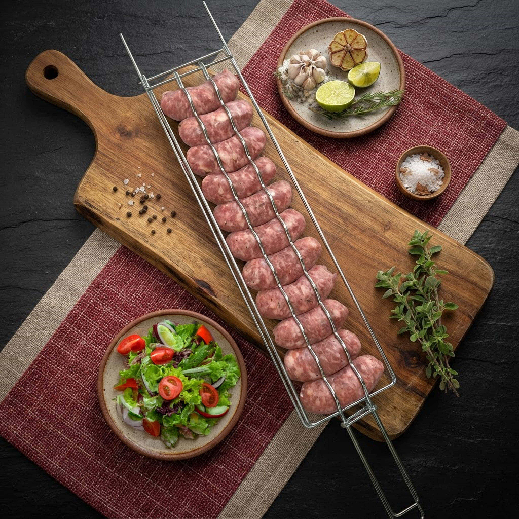 Grelha Dupla Cromada Para Linguiça Churrasco Aperitivos Grill Aço Resistente Durável 13 x 49,5cm