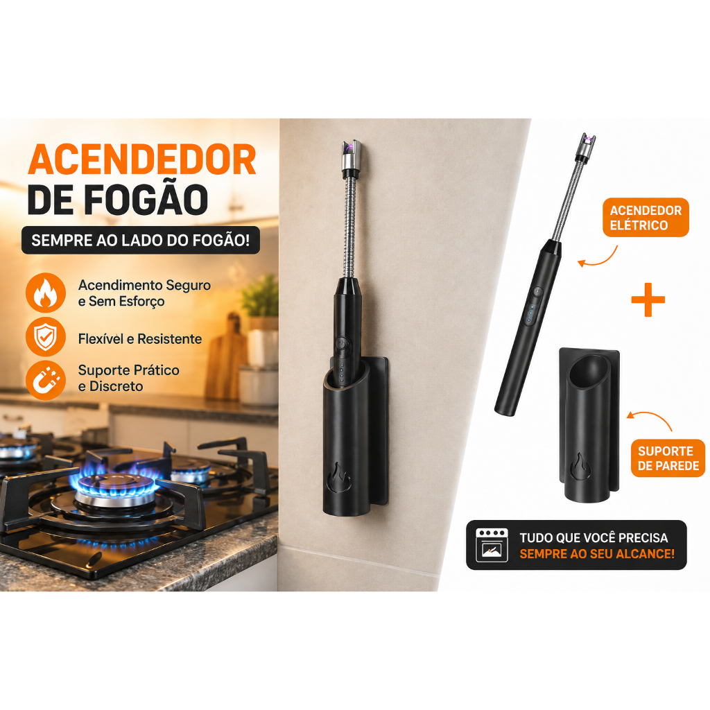 Acendedor de Fogão Isqueiro Elétrico Plasma USB + Suporte para Churrasqueira, Velas e Camping