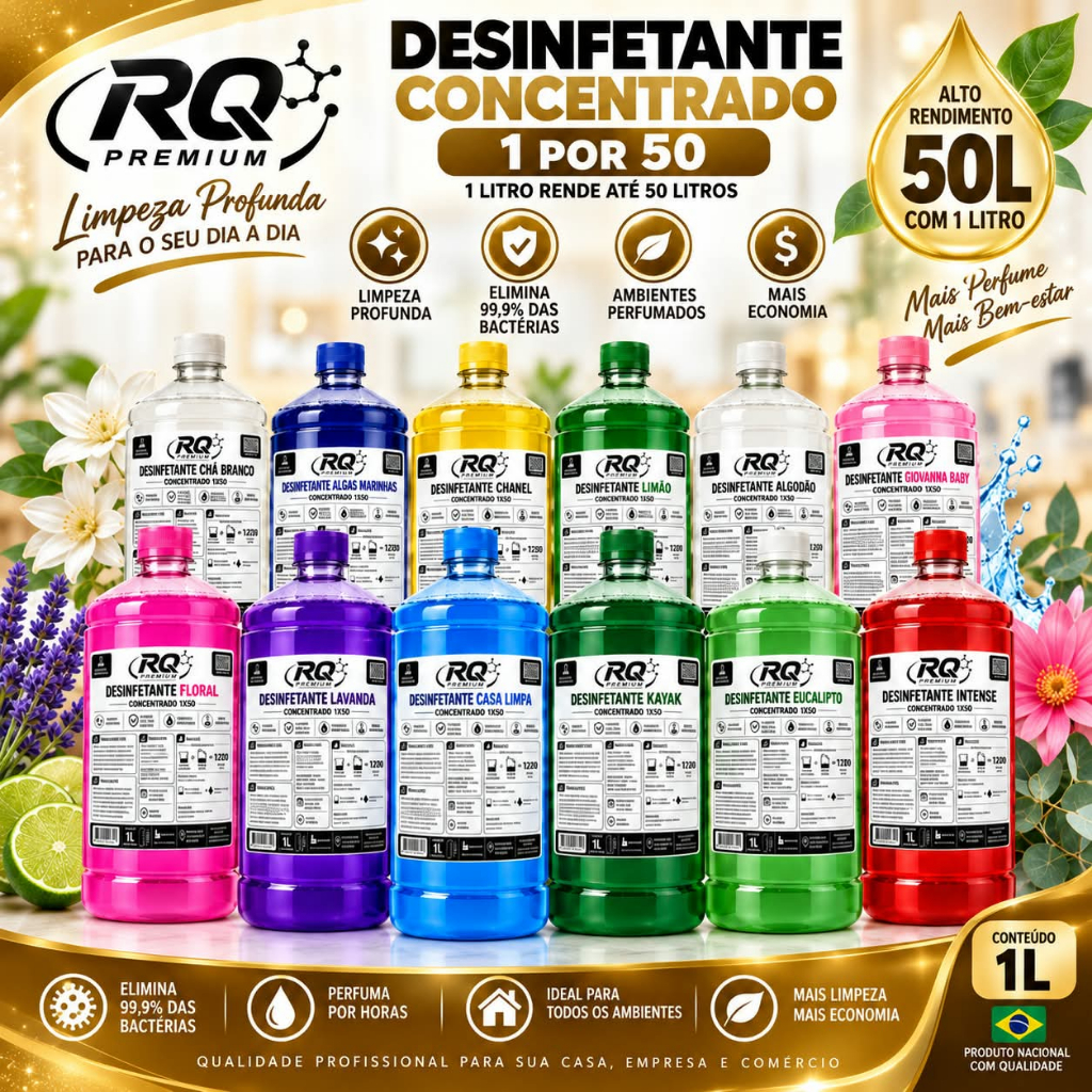 Desinfetante Concentrado 500ml e 1 Litro Rende de 15 a 30 Litros Limpeza Profunda Perfumado