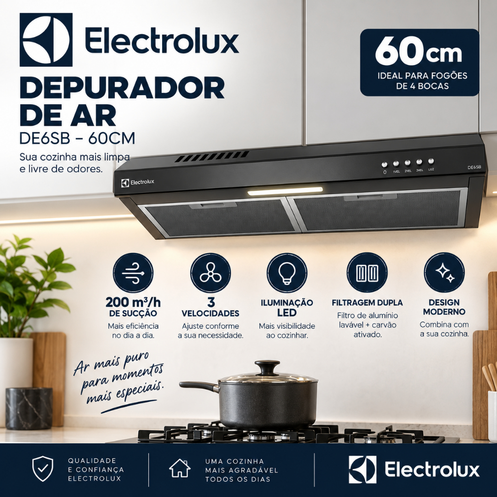 Depurador de Ar Electrolux DE6SB 60cm Preto 3 Velocidades Luz LED 200m³/h