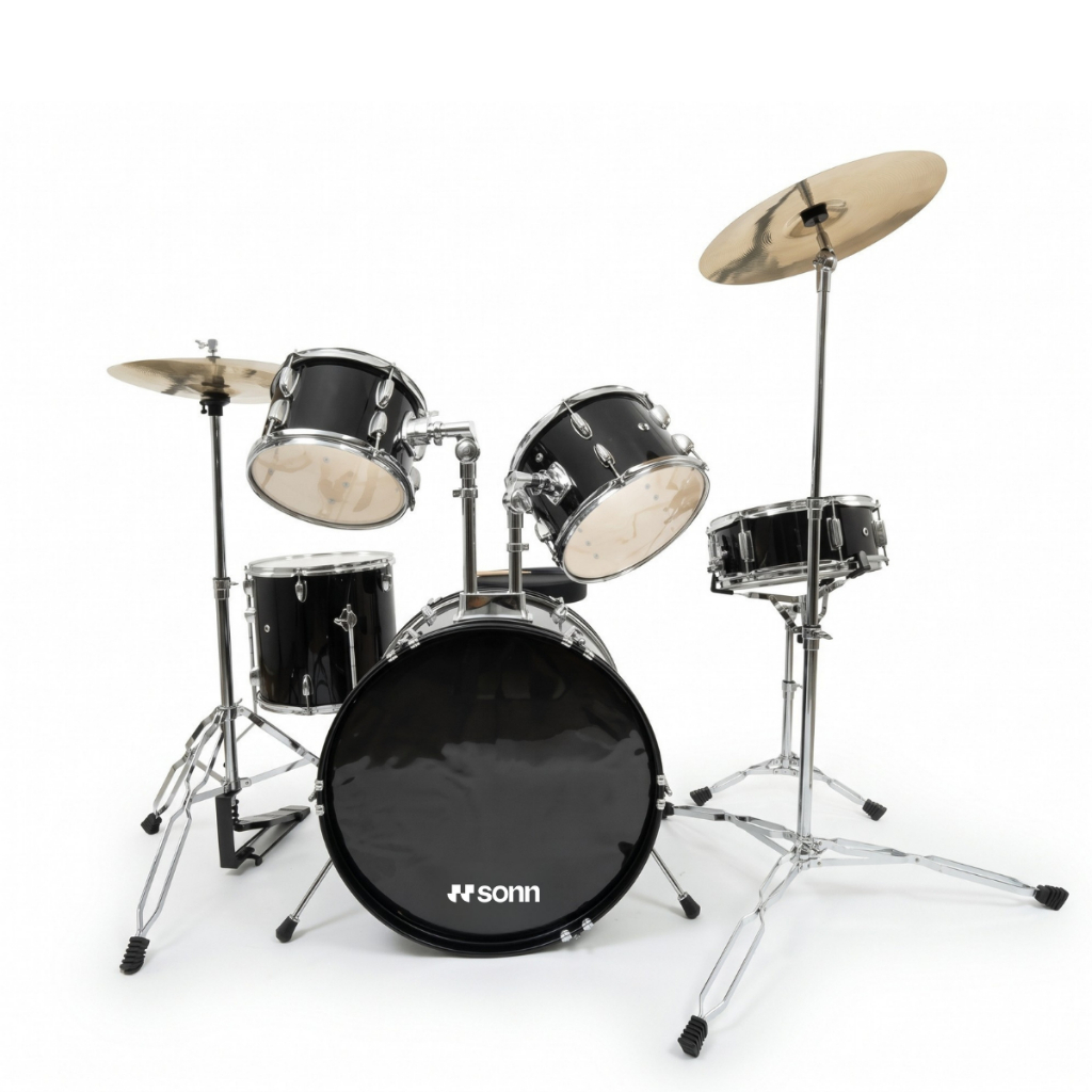 Bateria Acústica Sonn S-B120P Bumbo 20 preto e cromada com baquetas e com banco ensaios iniciante estudante apresentação