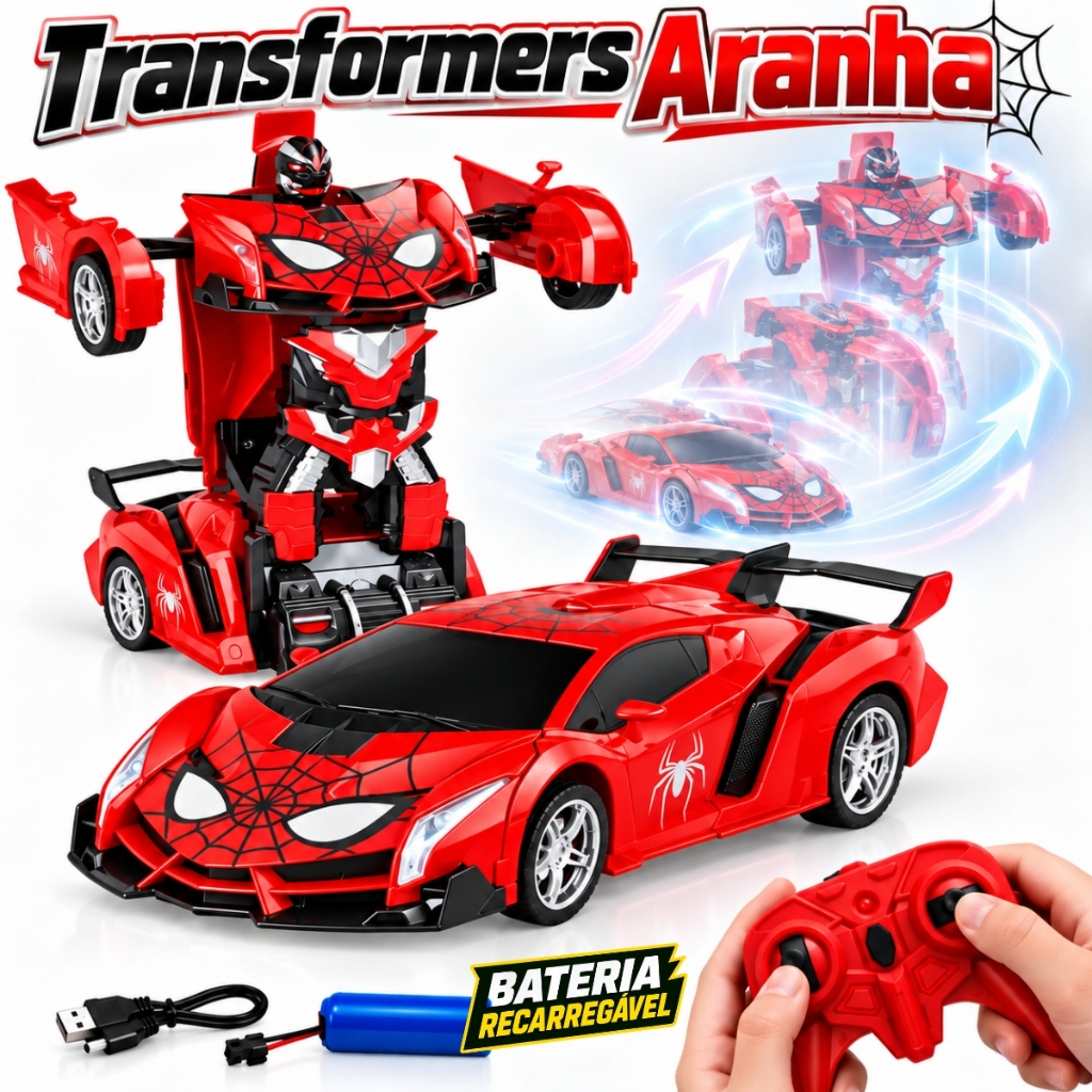 Carrinho de Controle Remoto 2 em 1 Vira Robô Transformável Bateria Recarregável