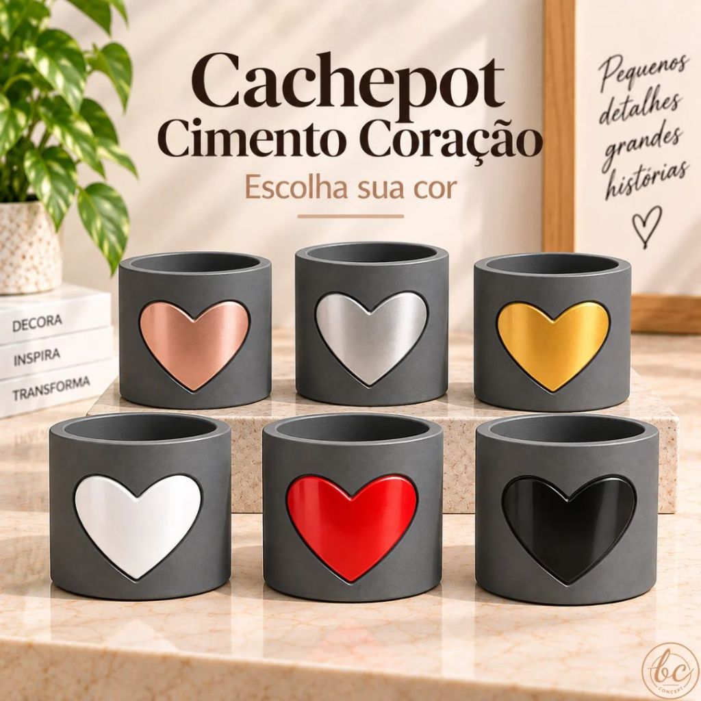 Cachepot Vaso Cimento Coração Diversas Cores Vaso Premium Decorativo de Coração Fofinho