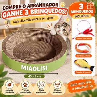 Arranhador Gato Oval Cama de Papelão 60x40x9cm com 3 Brinquedos