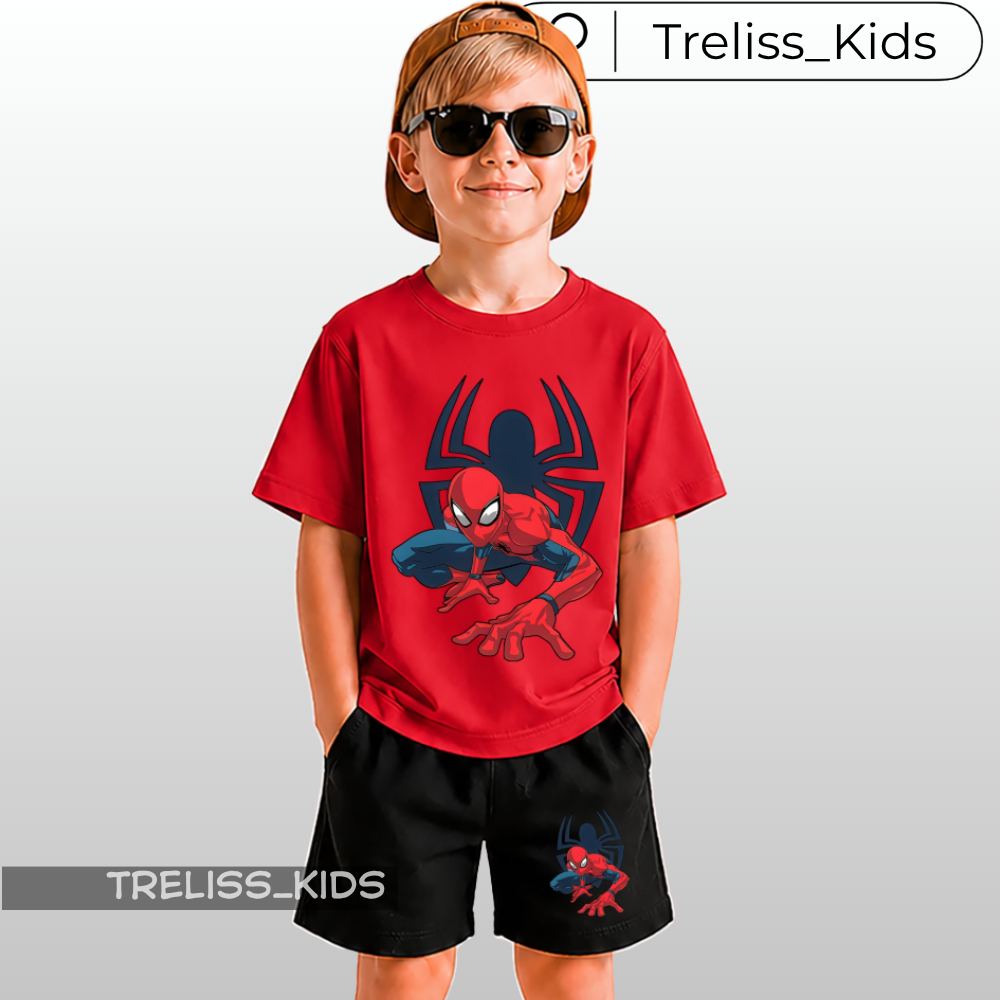 Conjunto infantil Homem Aranha Camiseta 100% Algodão e Bermuda Moletinho Kids Menino Spider Man 2 ao 16