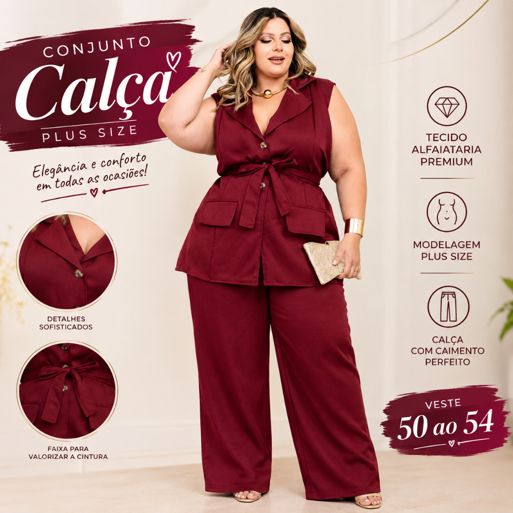 Conjunto Social Plus Size Alfaiataria Feminina Pantalona + Colete Elegante Confortável