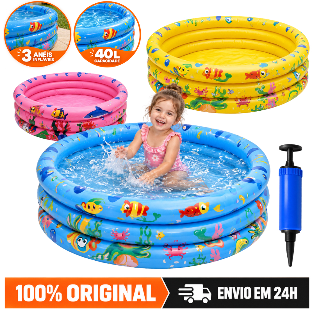 Piscina Infantil Inflável Redonda 3 Anéis Bebê Verão Menino Menina 40 Litros 60cm