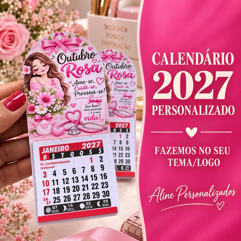 Mini Calendário 2027 com Ímã de Geladeira Outubro Rosa | Lembrancinha Personalizada para Empresas Clínicas e Eventos