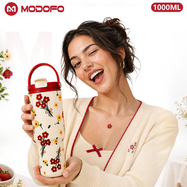 Garrafa Térmica 1 litro Feminina Estampada Fashion Inox 304 Antivazamento com Canudo e Alça para Quente e Frio MODOFO