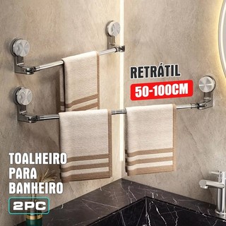 Kit 2 Suporte Porta Toalha para Banheiro Extensível com Ventosa Sem Furo 50 a 100 cm