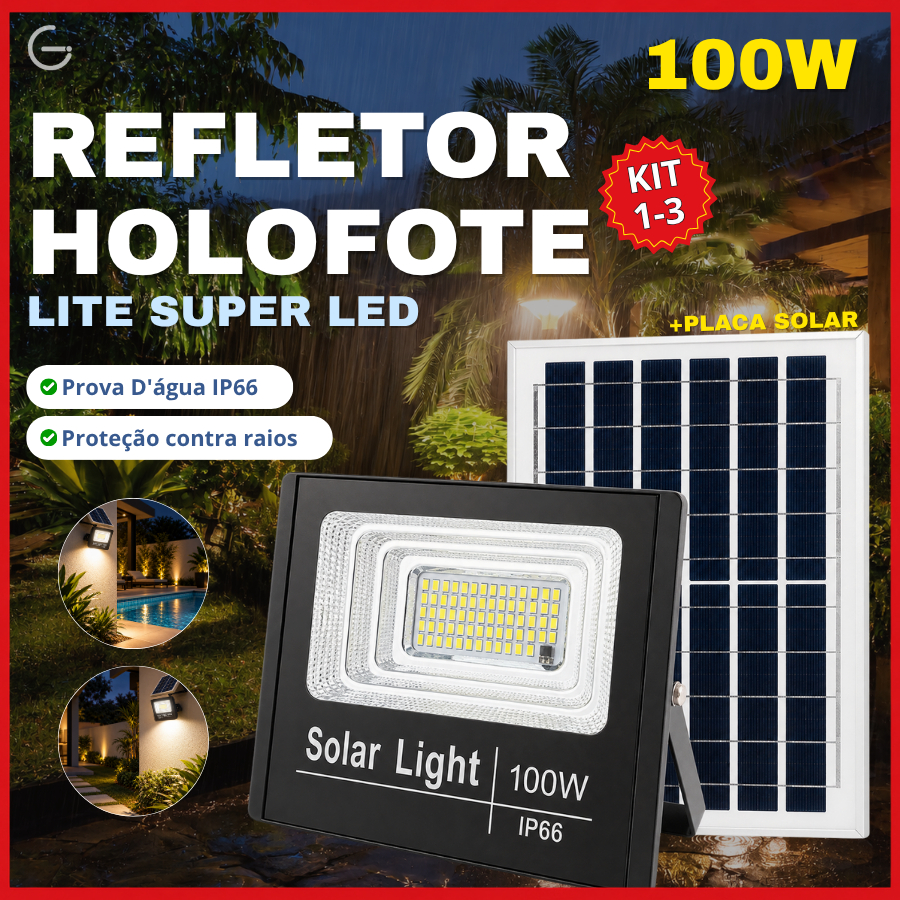 Holofote Refletor Solar 100W Lite Super Led IP66 Acompanha Placa Solar Luz Branco Frio 6500K