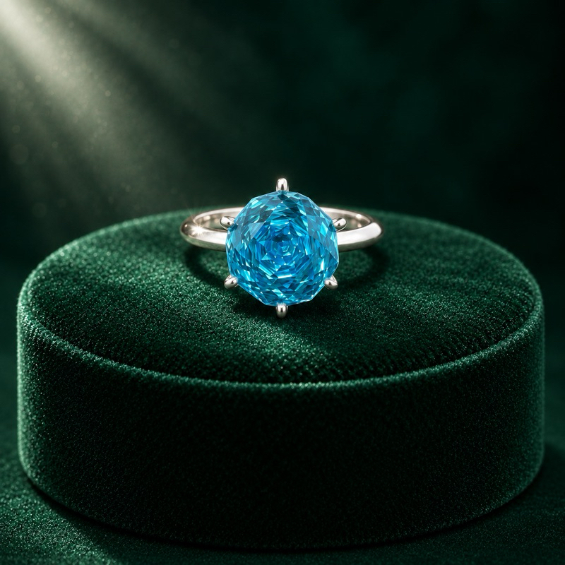 Anel Feminino Solitário Rose Cut Azul 10mm em Prata 925 Sofisticado