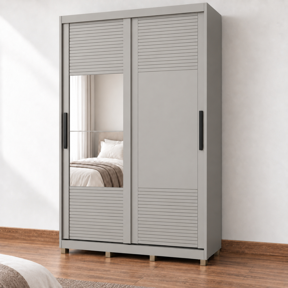 Guarda 2 Portas de Correr 235x152 cm Com Espelho Bordeaux Cinza 100% MDF Casamia