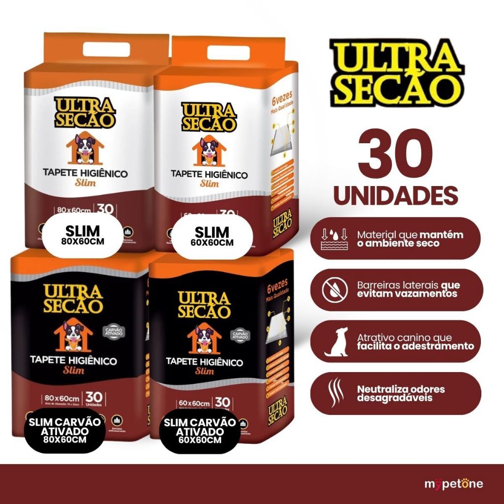Tapete Higiênico Ultra Secão Slim Carvão ou Slim 60x60 ou 80x60 para Cães 30,60 ou 90 Unidades