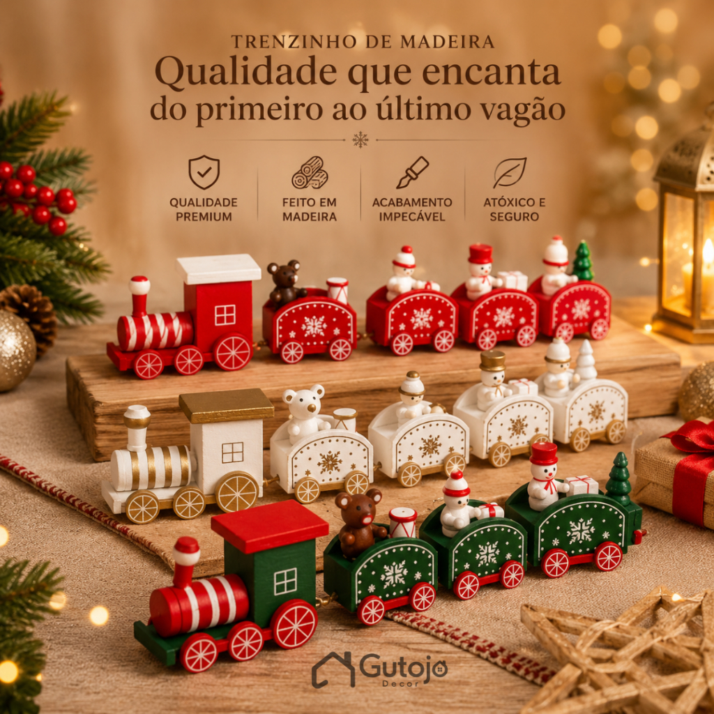 Trenzinho Enfeite De Natal Decoração 5 vagões Natalina Trem Brinquedo Madeira Lindo Enfeita Árvore