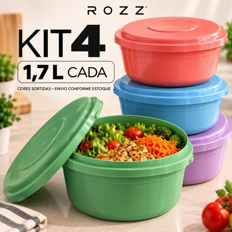 Kit Potes Plásticos com Tampa 1,7L para Guardar Alimentos Mantimentos Cozinha