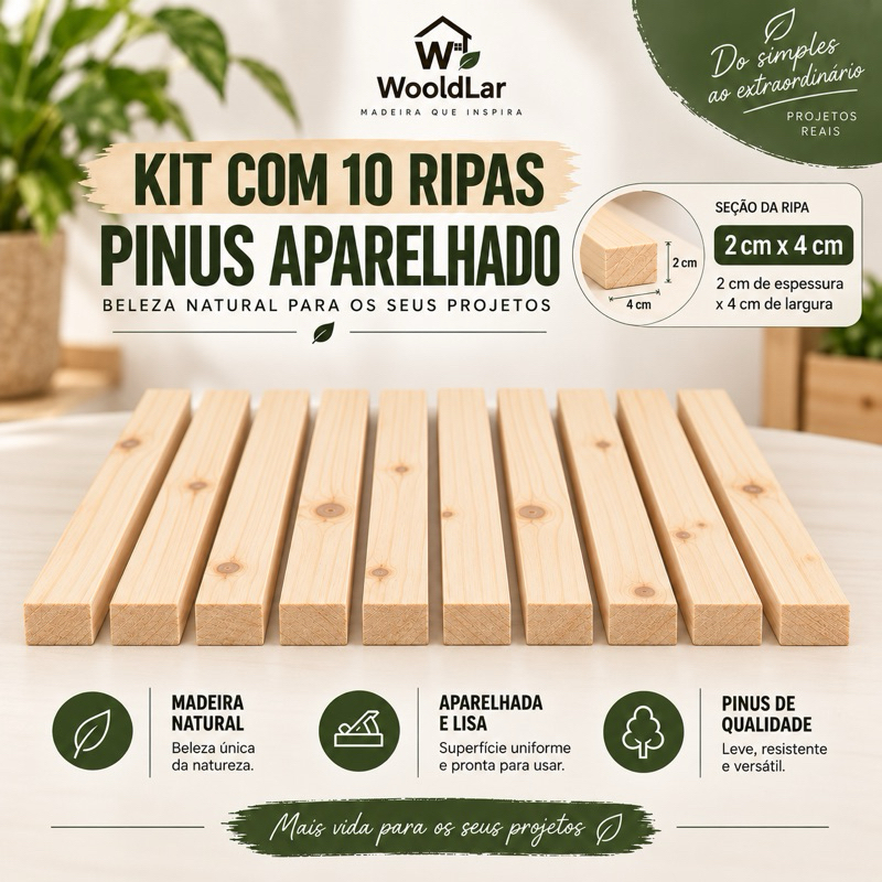 Kit 10 Ripas de Madeira Pinus 2x4cm | Aparelhadas
