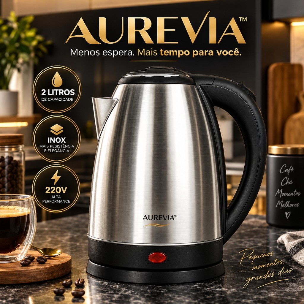 Chaleira Elétrica Aurevia™ 2 Litros Inox 220V Jarra Elétrica Rápida para Café, Chá e Água Quente