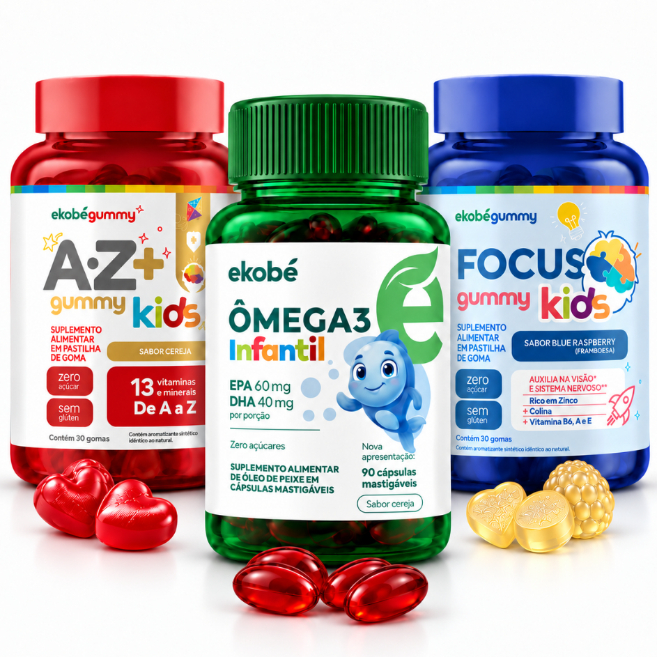 Kit AZ Kids Gummy Õmega 3 infantil Focus Imunidade Antioxidante Aprendizado Visão Marca Ekobé
