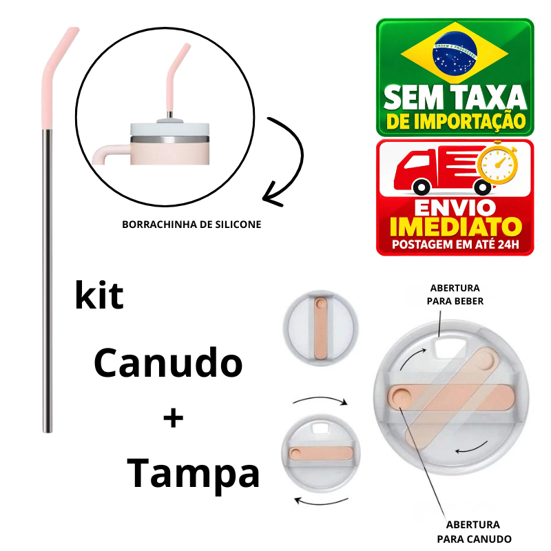 Tampa + Canudo de Inox com Ponteira de Silicone Antivazamento