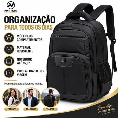 Mochila Masculina Reforçada Preta Executiva Nytron Faculdade Espaçosa Resistente