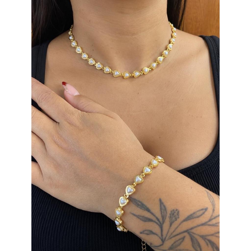 Conjunto Colar e Pulseira Romântico e Delicado Folheado a Ouro 18k Otima Opção de Presente