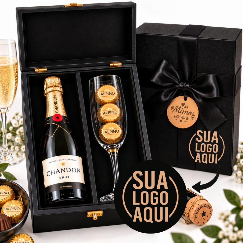 Kit Cesta Presente Chandon Baby 187ml com taça e chocolates - Maleta em Madeira Personalizada. GRAVE COM NOME OU LOGO!