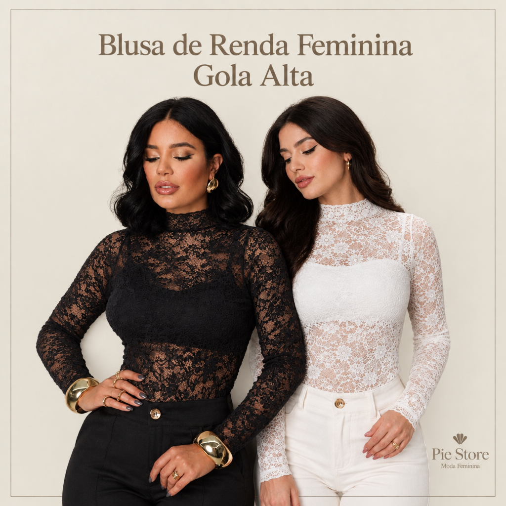Blusa Feminina de Renda Manga Longa Gola Alta