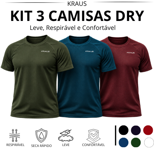 KIT 3 CAMISETAS MASCULINA ACADEMIA CORRIDA LEVE CONFORTAVEL SECA RAPIDO