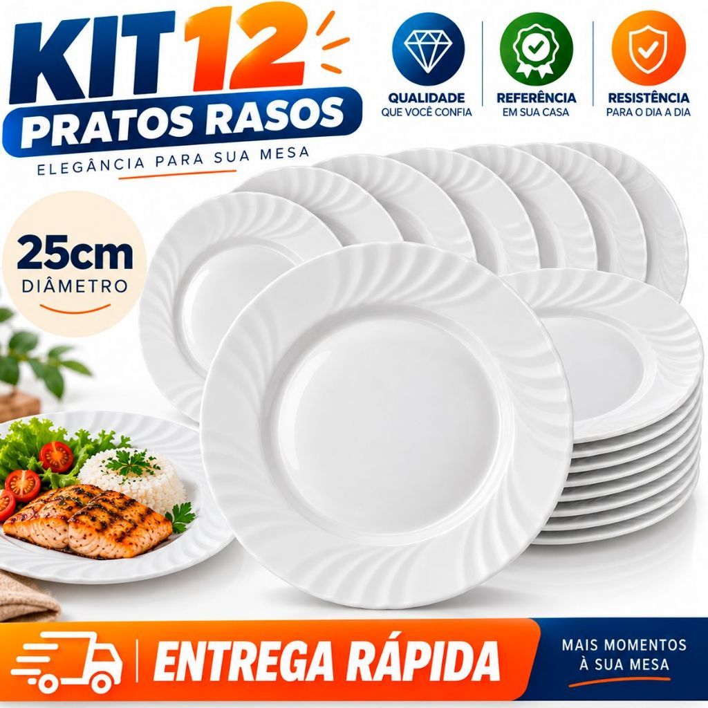 Jogo 12 Pratos Rasos 25cm Vidro Opaline Branco Trabalhado White para Almoço Jantar Hotel Restaurante