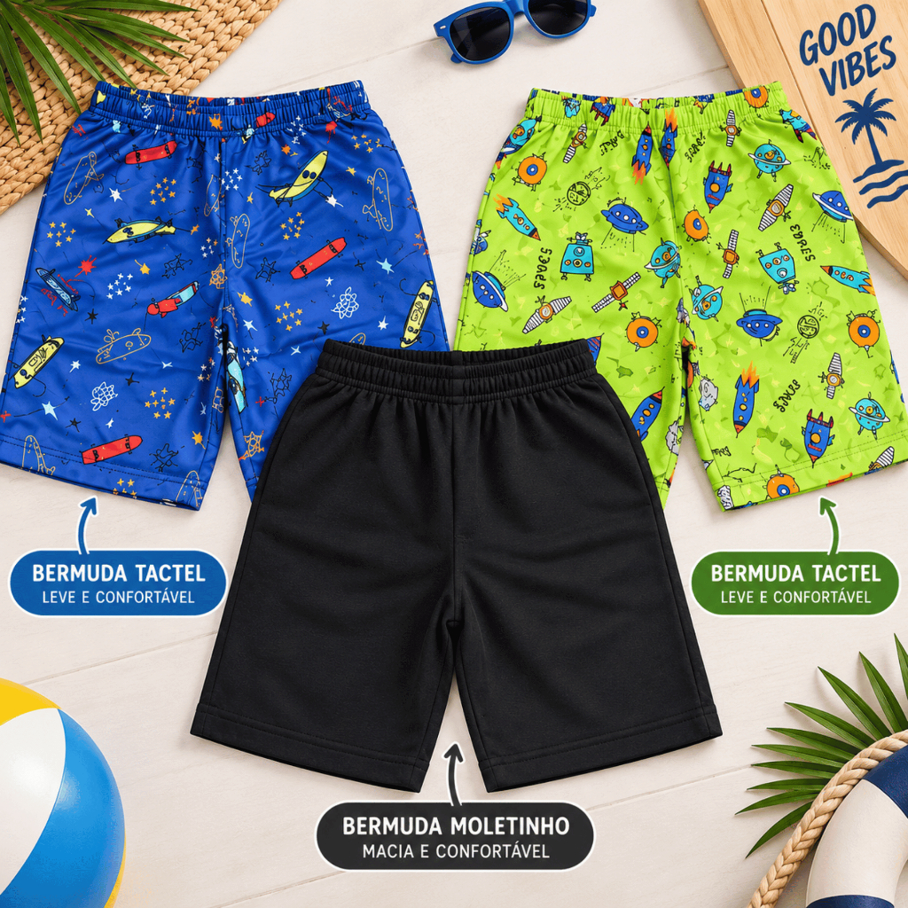 Kit 3 Bermudas de Moletinho e Tactel Infantis para Meninos Tam 4 ao 8 | Estampas e Cores SORTIDAS