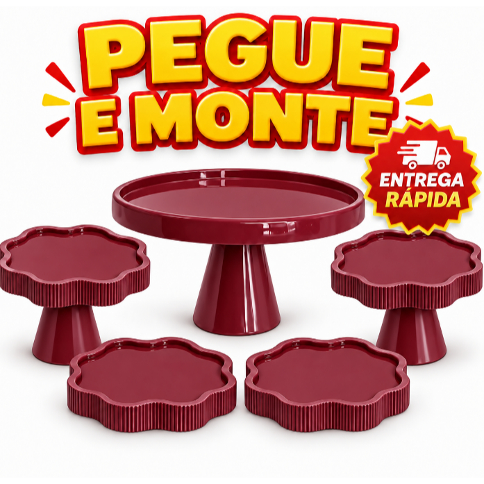 KIT FESTA MESA CLEAN 1 BOLEIRA REDONDA + 2 PORTA DOCE FLOR + 2 BANDEJA FLOR PARA ANIVERSARIO DECORAÇÃO
